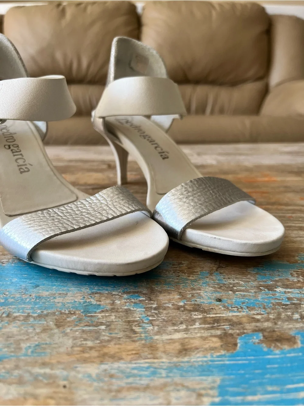 Pedro Garcia Silver and Cream Two-Strap Heeled Sandal Size 40.5/10 1/2
